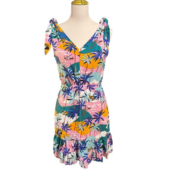 Sam Edelman Tropical Island Print Summer Dress Size 6 Tie Shoulders Palm Trees - Picture 1 of 10